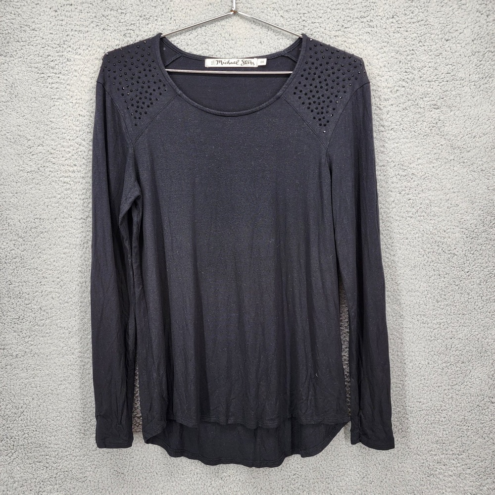 Michael Stars Black‎ Studded Shoulder Long Sleeve Top Modal Blend OS